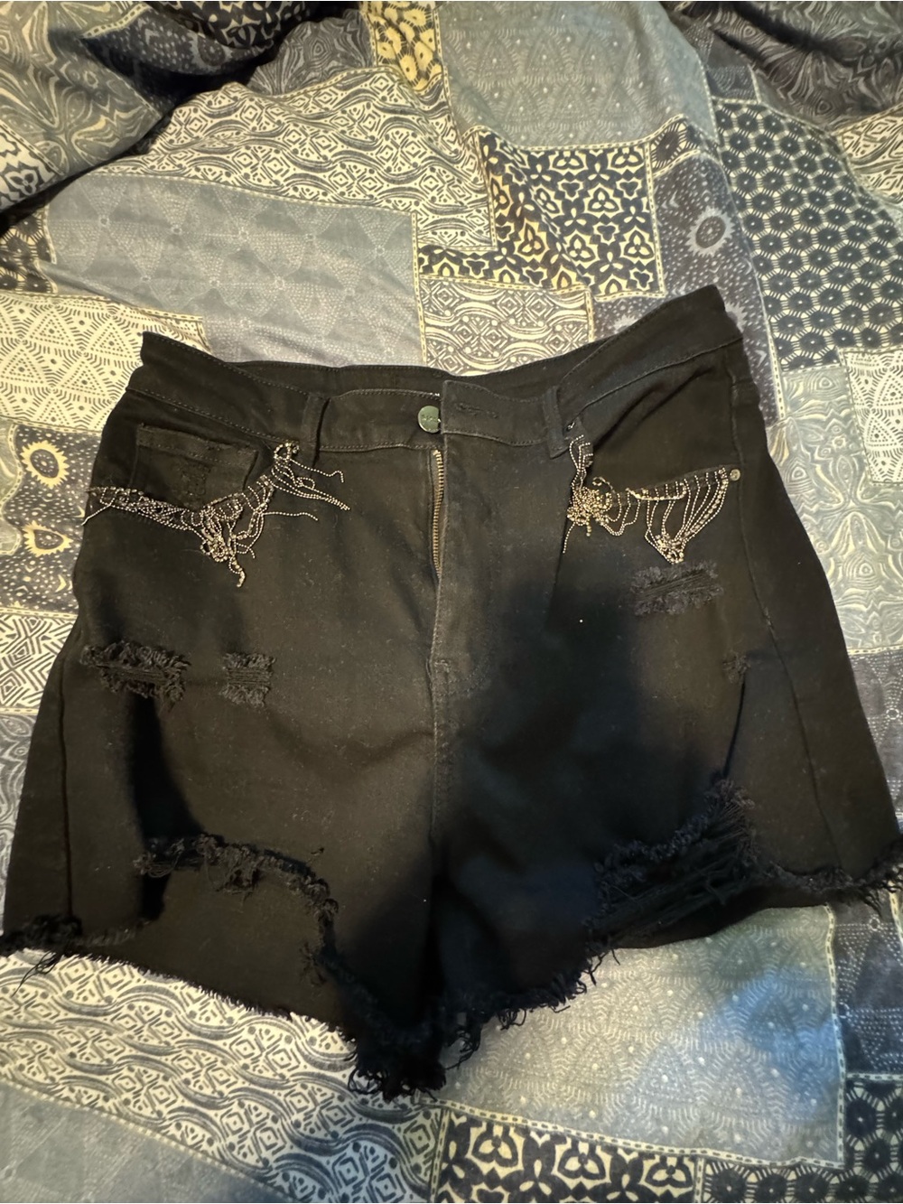 High-Rise Black Distressed Women's Denim Shorts with Chain Detail